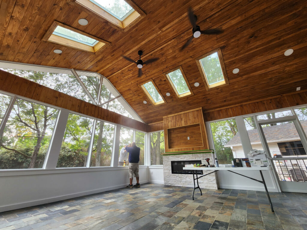 Inside new great room with skylights