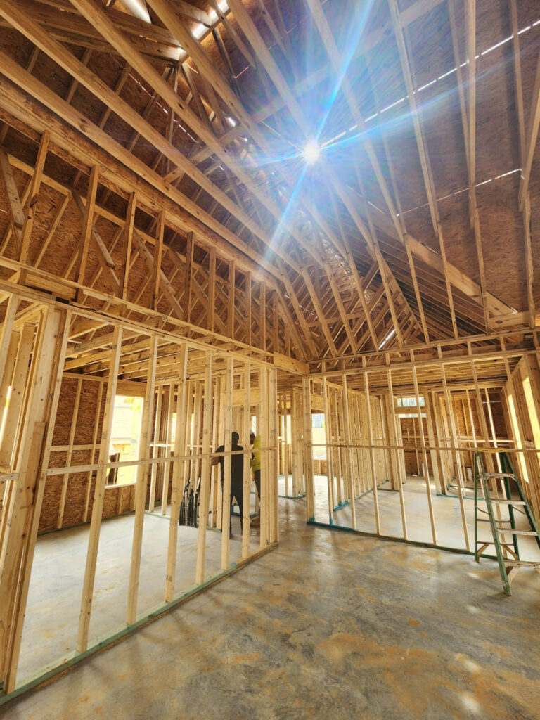 New house framing under construction from the inside
