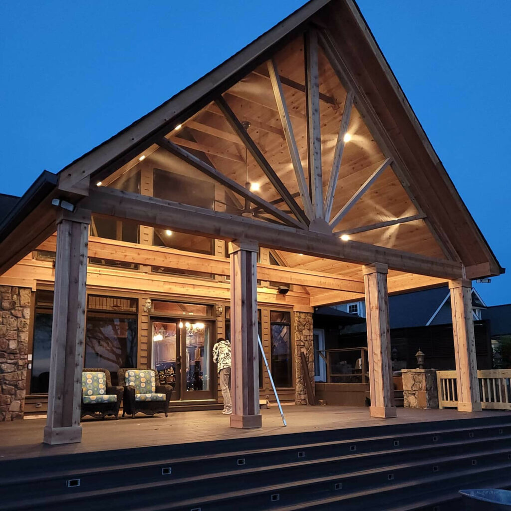 Completed exterior porch framing with lights