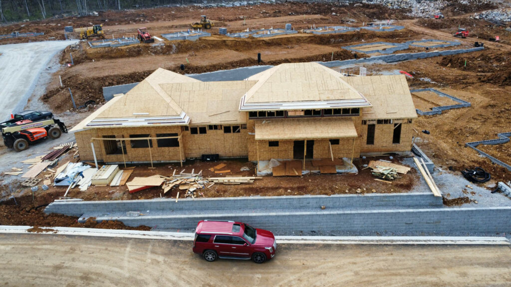 New custom home construction, aerial view